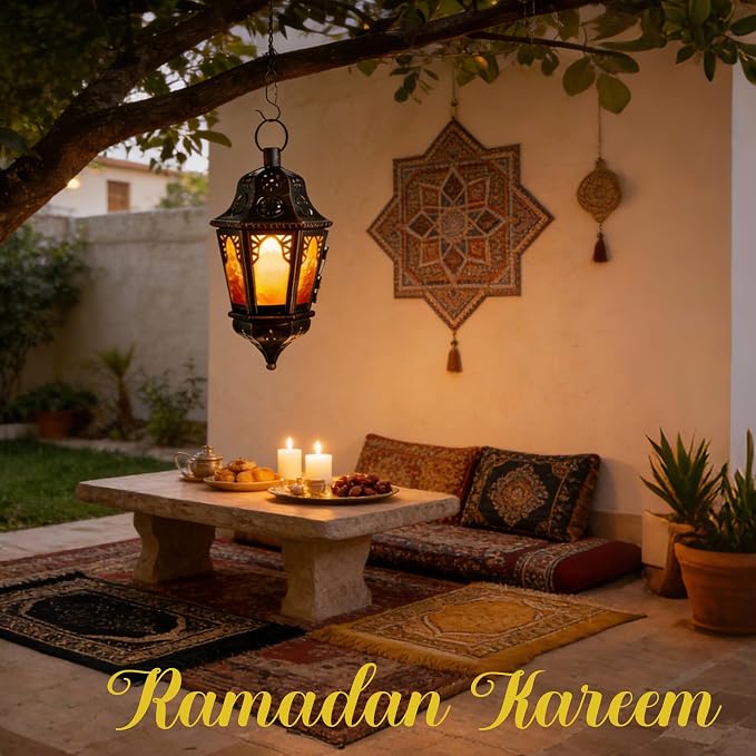 Moroccan Lantern Decorative Indoor & Outdoor, 13.6’’ Vintage Decorative Hanging Lanterns with Chain for Home Porch Patio Decor, Metal Christmas Ramadan Candle Holder Decorations (Amber)