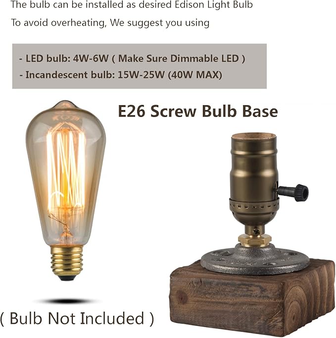 Vintage Table Lamp, Industrial Dimmable Nightlight Steampunk Desk Lamp with E26 Lamp Holder for Bedroom Living Room Home Art Display Cafe Bar Studio Antique Decor(Without Bulb)
