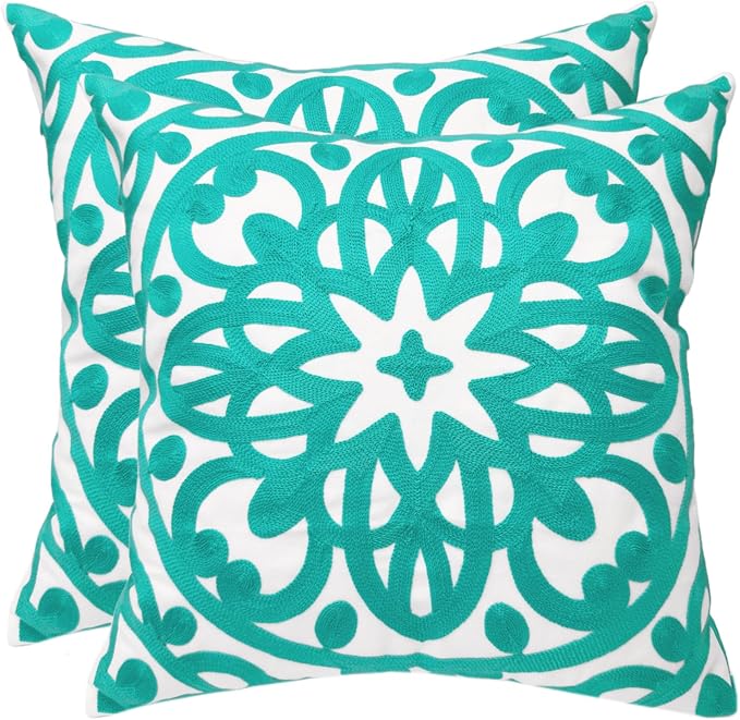 Alysheer Embroidered Spring Decorative Throw Pillow Cover 18"x 18" Set of 2, Boho Mandala Embroidery Turquoise Green Patterned Cushion Case for Sofa Couch Living Room Bedroom Outdoor