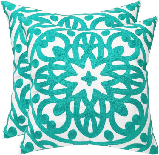 Alysheer Embroidered Spring Decorative Throw Pillow Cover 18"x 18" Set of 2, Boho Mandala Embroidery Turquoise Green Patterned Cushion Case for Sofa Couch Living Room Bedroom Outdoor
