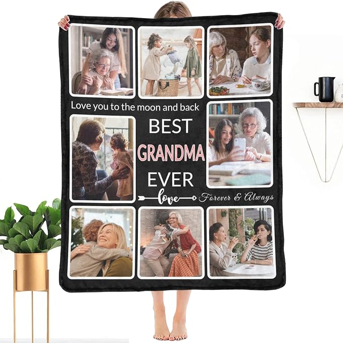 Gifts for Grandma Custom Blanket with Photo, Make a Personalized Grandma Gift Blankets with Pictures Customized Throw Blanket for Best Grandma Ever, 8 Collage Made in USA