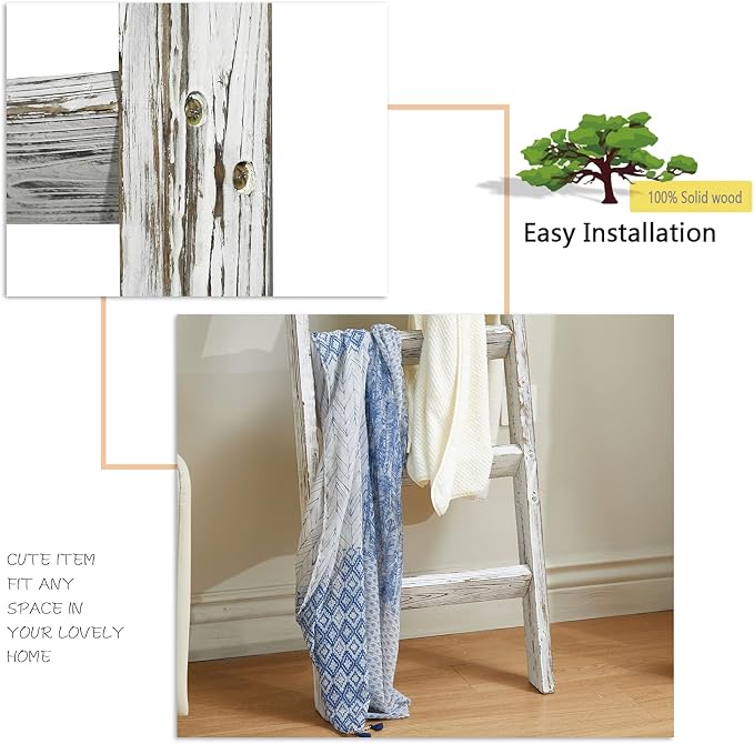 FUIN Blanket Ladder, 5ft Angled rungs Rustic Solid Wood Decor Rack, White | 5 rungs, farmhouse quilt display rack, organize towel, leaning wall, bathroom and living room use, non-knocked down side rail