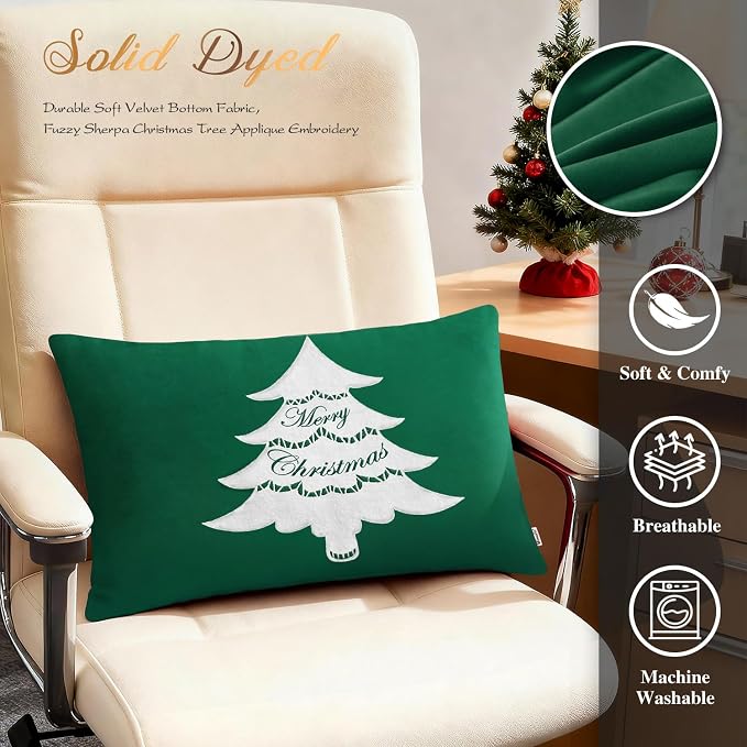 BRAWARM Christmas Pillow Cover 12 X 20 Inches, Christmas Green Christmas Tree Embroidered Lumbar Pillow Cover, Soft Velvet Decorative Throw Pillow for Couch Bed Sofa Living Room Home
