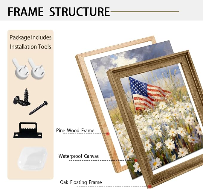 American Flag Framed Canvas Wall Art, 4th of July Patriotic Canvas Prints | Wildflower Landscape Poster Print, Vintage Rustic Independence Day Wall Decor for Bedroom Living Room Office 6×8in
