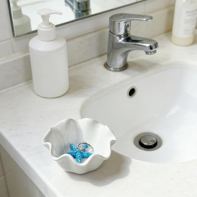 Jewelry Holder Dish Ceramic Flower Ring Dish Tray Decorative Starfish Trinket Dish Preppy Room Decor Coastal Jewelry Bowl Wedding Mother's Day Christmas Birthday Gifts for Women (Blue Starfish)