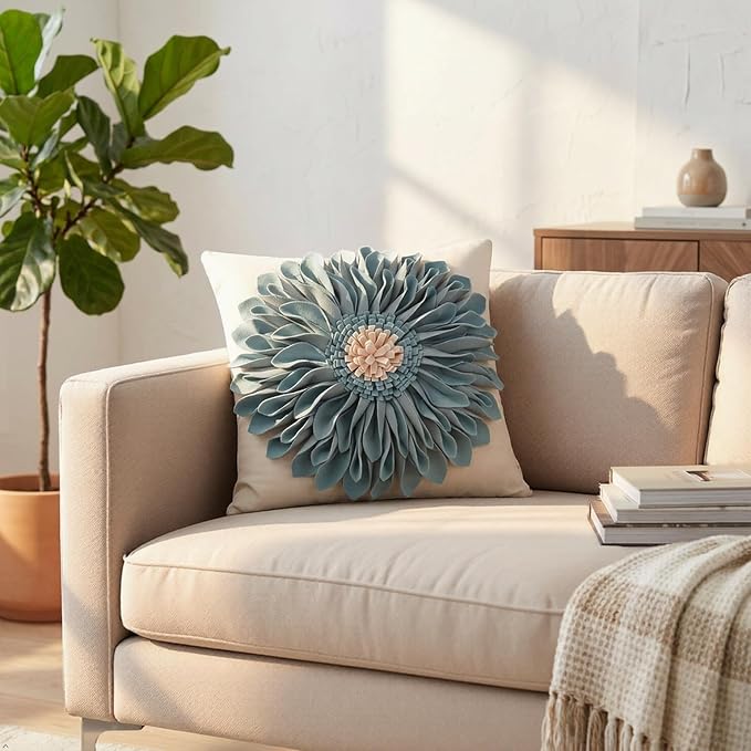3D Flower Decorative Throw Pillow Covers 18x18 Inch Blue for Couch Floral | Handmade Elegant Aesthetic Sunflower Pattern Pillowcases Couch Living Room Boho Farmhouse Decor Dog Hair Resistant