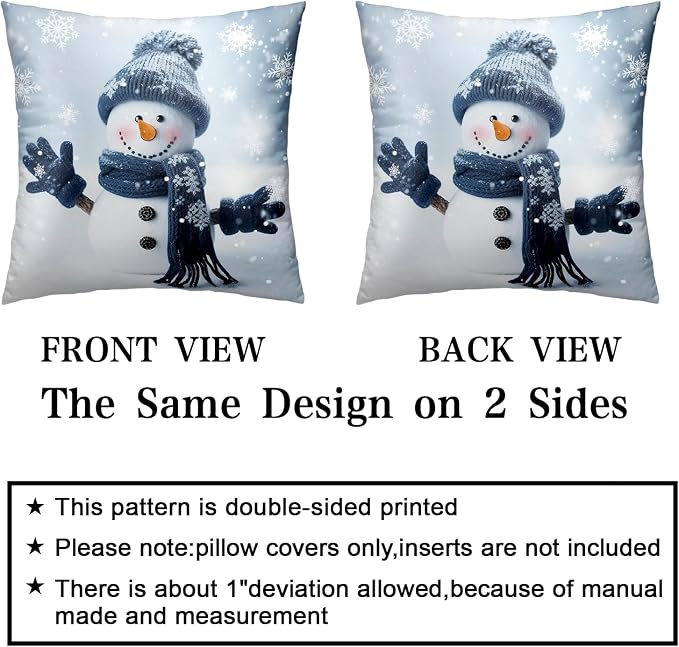 Blue Snowman Pillow Covers Set of 2 Winter Pillow Covers 20x20 Holiday Decorative Throw Pillows Protector Cotton Blend for Indoor Couch Patio