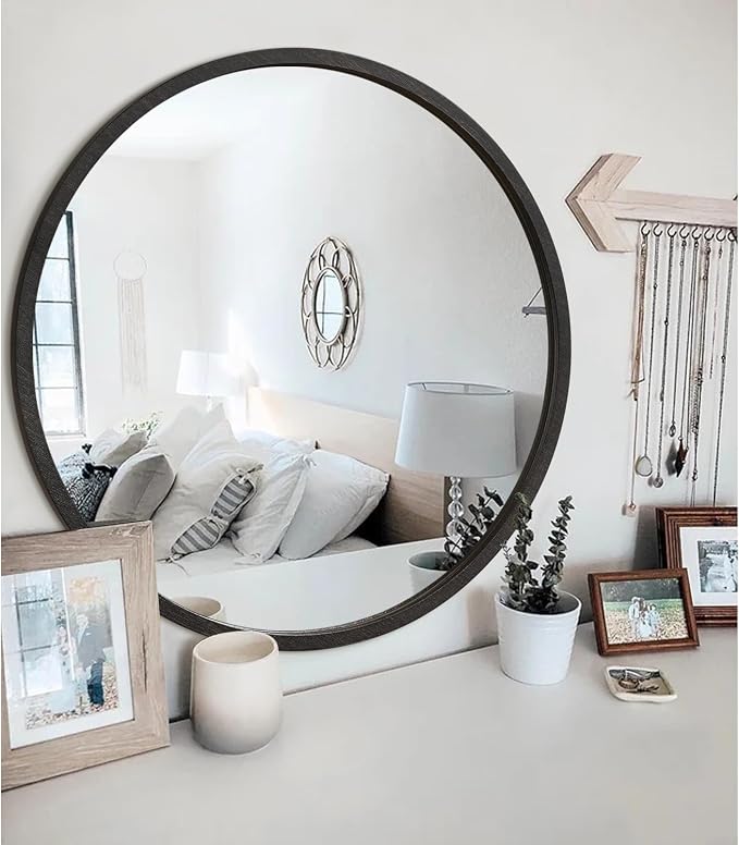 JJUUYOU Round Wall Mirror 20" Hanging Circle Mirror Round Mirrors for Bathroom Wooden Farmhouse Frame Mirrors for Bedroom Living Room or Entryway Wall Decorative