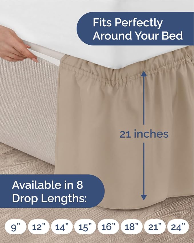 Wrap Around Dust Ruffle Bed Skirt, King Size Beds - 21 Inch Drop, Cream | Easy Fit Elastic Strap, Adjustable Pleated Bedskirt w/Brushed Fabric, Wrinkle & Fade Free, for Women, Men, Kids & Teens