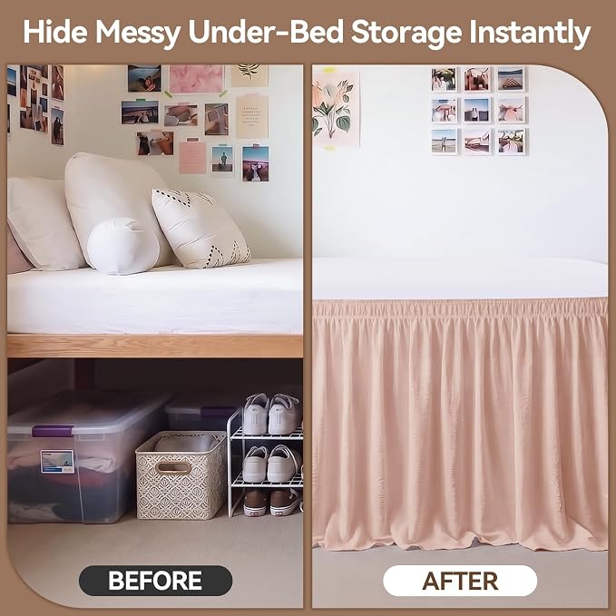 College Dorm Bed Skirt Twin XL 32 Inch Drop, Blush Pink Elastic Bedskirt | Ruffled, Wrap-around/elastic, Wrinkle-resistant, Fade-resistant, Machine Washable, Wrinkle-Free, Gift Box Packaging, Textured