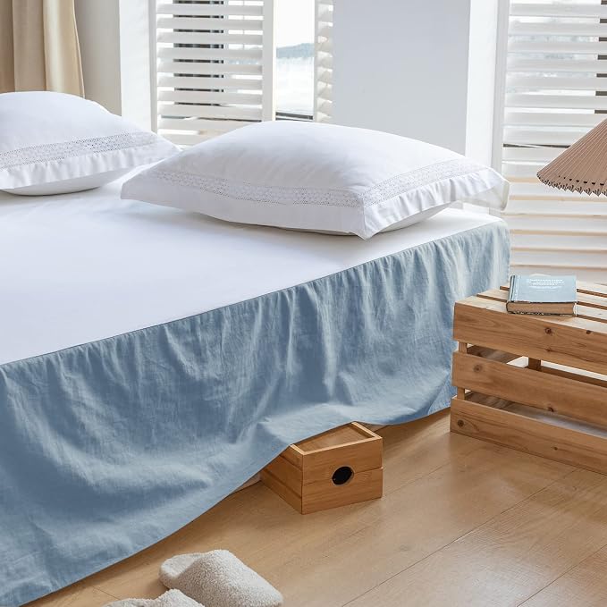 BISELINA French Linen Bed Skirt with Pleated Corner 14-Inch Tailored Drop Natural Flax Cotton Blend Basic Dust Ruffle Soft Cozy Farmhouse Bedding (14" Queen, Basic Dusty Blue)