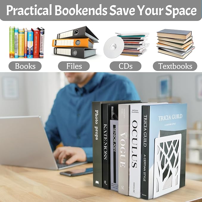 Book Ends-Metal Book End Supports for Bookrack Desk (White, 10 Pair)