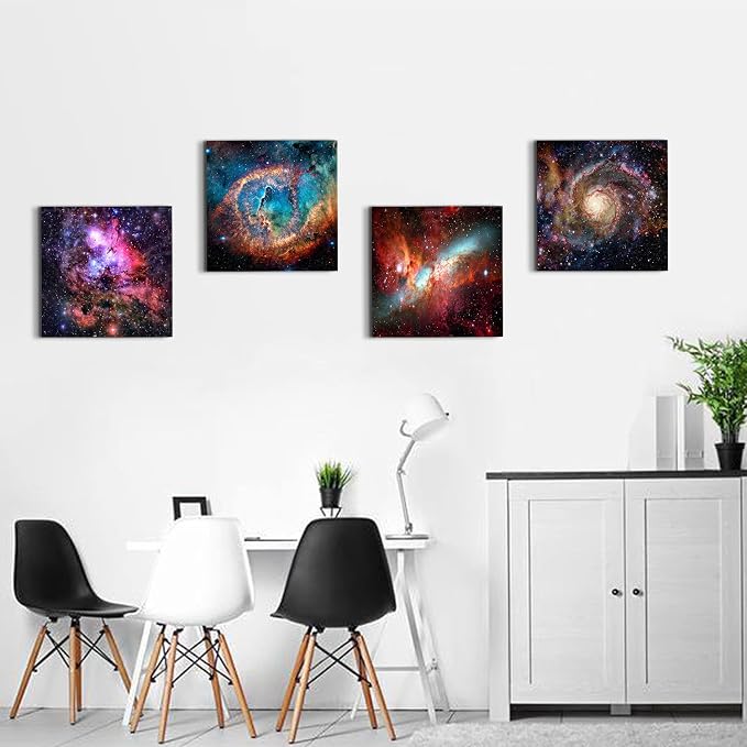 Nebula Galaxy Wall Art Painting Prints on Canvas Wall Decorations Wooden Frames Canvas 24" x 24" x 4 Panels/Set Outer Space Starlight Modern Artwork Pictures Home Wall Decor Cosmic Astronomy Posters