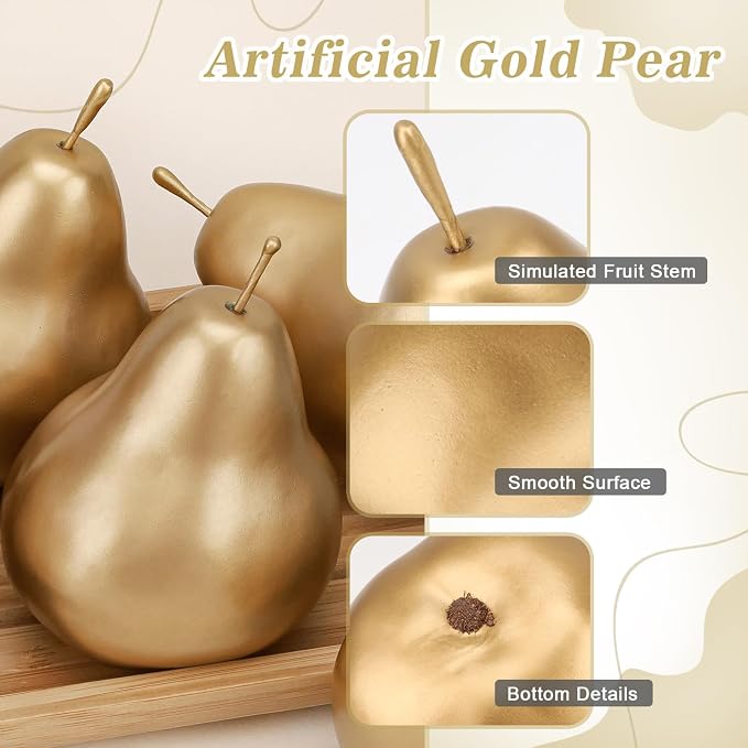 6 PCS Gold Fake Pears, Lifelike Artificial Fruit Decor