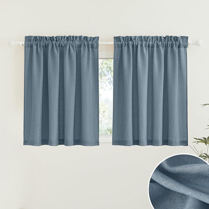 RYB HOME Blue Sheer Curtain Tiers 36 inch Length, Semi Sheer Half Privacy Kitchen Window Covering Lights Filtering for Cafe Bathroom Closet, Stone Blue, W52 x L36 inch, 2 Panels