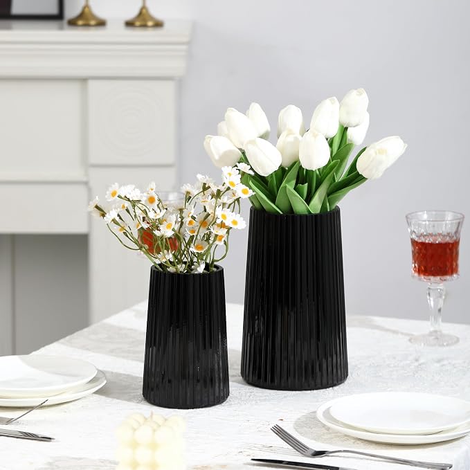 Ribbed Flower Vases Set of 2, Black Vases for Flowers, Flower Vase for Bouquet, Modern Ribbed Glass Vase for Living Room, Bedroom, Dining Table, Office, Wedding, Centerpieces