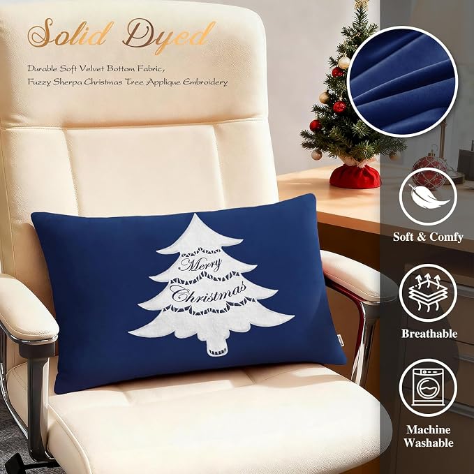 BRAWARM Christmas Pillow Cover 12 X 20 Inches, Navy Blue Christmas Tree Embroidered Lumbar Pillow Cover, Soft Velvet Decorative Throw Pillow for Couch Bed Sofa Living Room Home