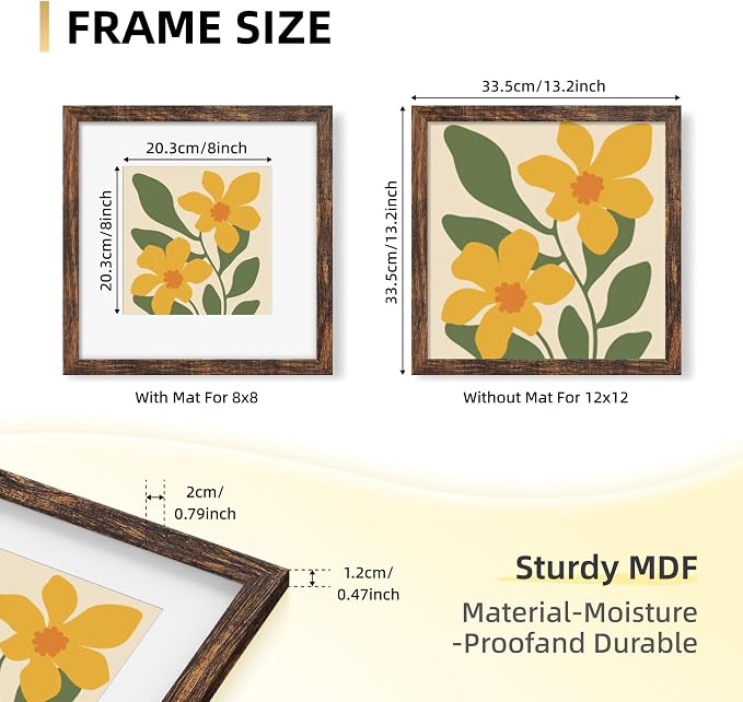YESKAY 12x12 Picture Frame Set of 9, Photo Gallery Wall Frame Set, Display Pictures 8x8 with Mat or 12 x 12 Without Mat, Square Frame Picture Frames Collage Wall Decor, Rustic Brown