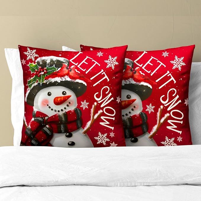 Xmas Pillow Covers 20x20 Inch 2 Packs Christma Snowman Snowflake Decorative Red Pillow Cases Winter Holiday Red Cotton Cushion Cover for Home Sofa Couch Decor