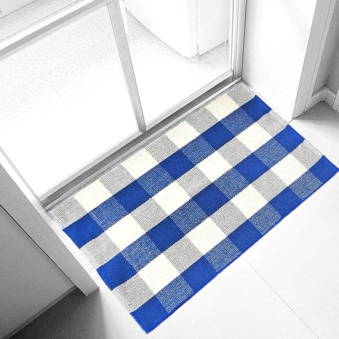 UKELER Buffalo Plaid Rugs 2'×3'- Machine Washable Blue Plaid Outdoor Doormat, Farmhouse Rug for Front Porch/Kitchen/Sink/Bathroom