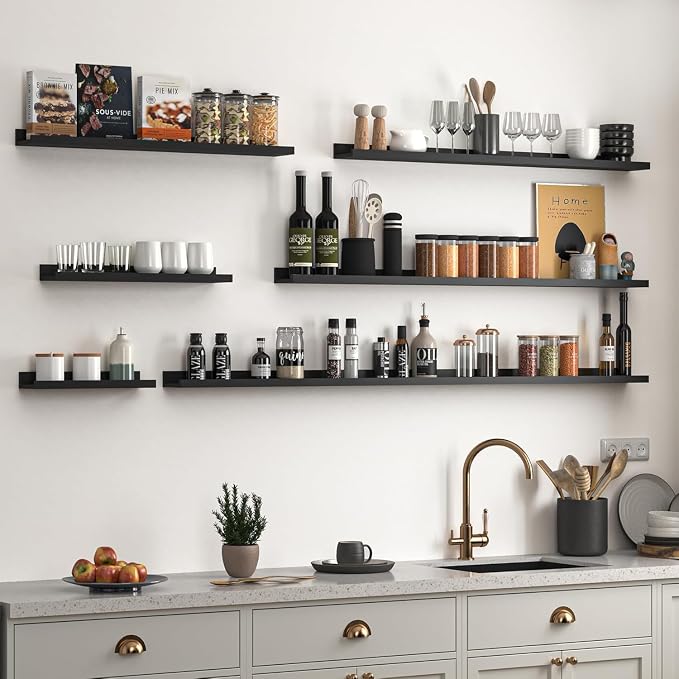 Heimlove Picture Ledge Shelf, Floating Shelves Set of 2, 27.56Inches Picture Shelf for Wall with Ledge, Kids Bookshelf Wall Mounted for Living Room Bedroom Decor Books Photo Frames - Black
