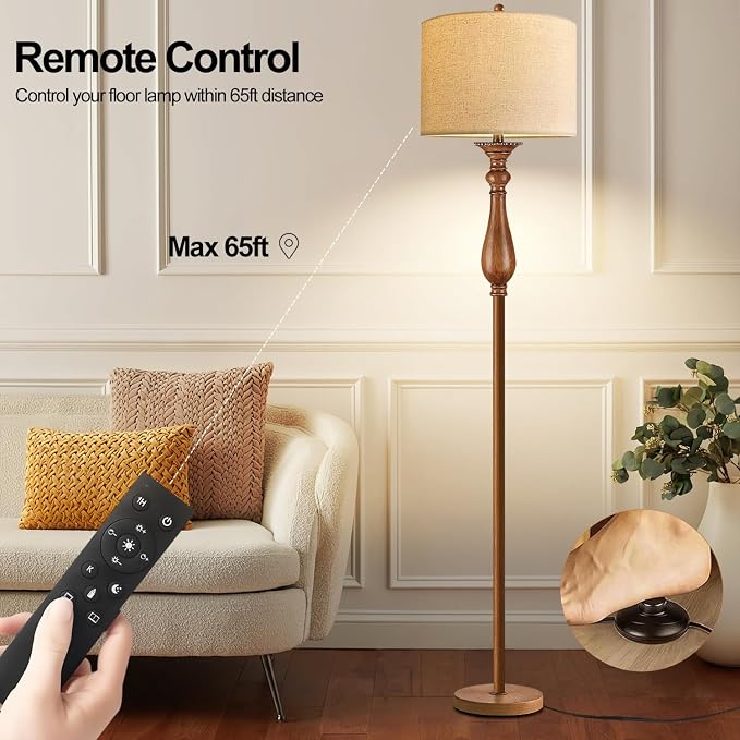 ILLMTW Wood Floor Lamp for Living Room,Bedroom,Vintage Mid Century Modern Standing Lamp with Remote Dimmable,Boho Gold Tall Lamp Fabric Lamp Shade Floor Lights Bohemian Tiffany Style