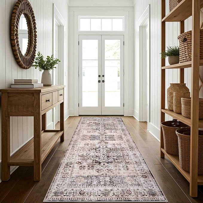 Machine Washable Area Rug, Soft & Durable, Non-Slip, Stain Resistant Rug for Bedroom, Living Room, Dining Room, High Traffic Areas. (Beige/Brown, 2.5' X 7')