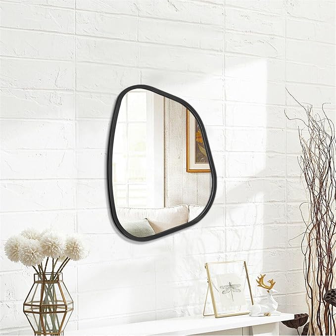Black Asymmetrical Mirror Irregular Oval Wall Mirror Modern Wood Frame Unique Shape Wall Mounted Vanity Artistic Mirror Decorative for Living Room Bedroom Bathroom Entryway Large 16"x12"