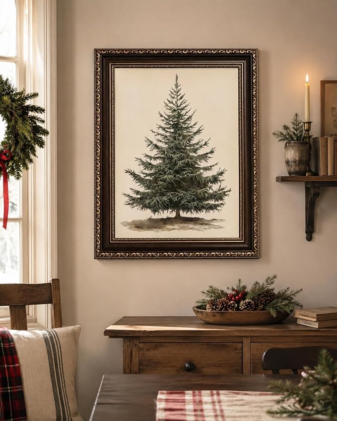 Framed-Vintage Christmas Tree Wall Art, 16×24 Inch | Farmhouse Winter Pine Canvas Prints, Holiday Wall Decor for Living Room Bedroom