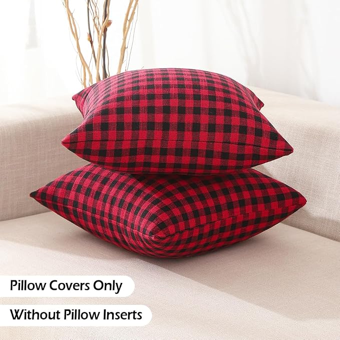 Red and Black Outdoor Christmas Gingham Plaid Pillow Covers 20x20 Set of 2 | Winter Christmas Plaid Decor Pillow Cover 20 x 20, Vintage Farmhouse Red Christmas Decor, Fundas Para Cojines De Sala Navidad