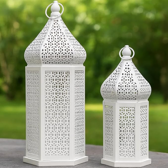 VELA LANTERNS Large Temple Tower Moroccan Lantern Lamp Decorative Candle Holders for Ramadan Decorations, Hanging, Outdoor Patio or Porch, Indoor Home Decor, Weddings, White, Set of 2
