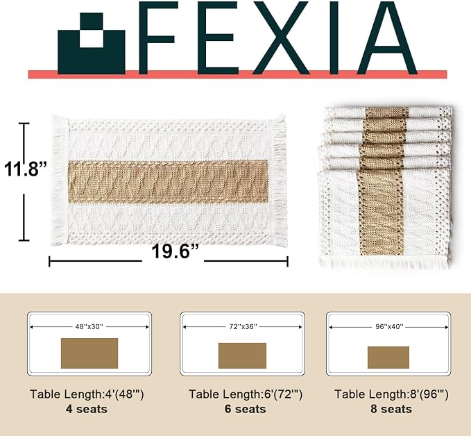 FEXIA Boho Placemats Set of 6, Macrame Table Mats Farmhouse Dining Decor | 12x20" Woven Burlap Place Mat with Tassel for Kitchen and Dining Table Centerpiece Home Decorations Rustic Boho Kitchen Decor