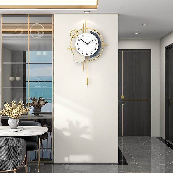 Wall Clock Decorative Pendulum Modern Wall Clock Battery Operated | Analog Non-Ticking Gold Iron Unique Large Clock for Living Room,Bedroom,Office,Kitchen,Bathroom Iron Wall Decor 13.8x21.9in