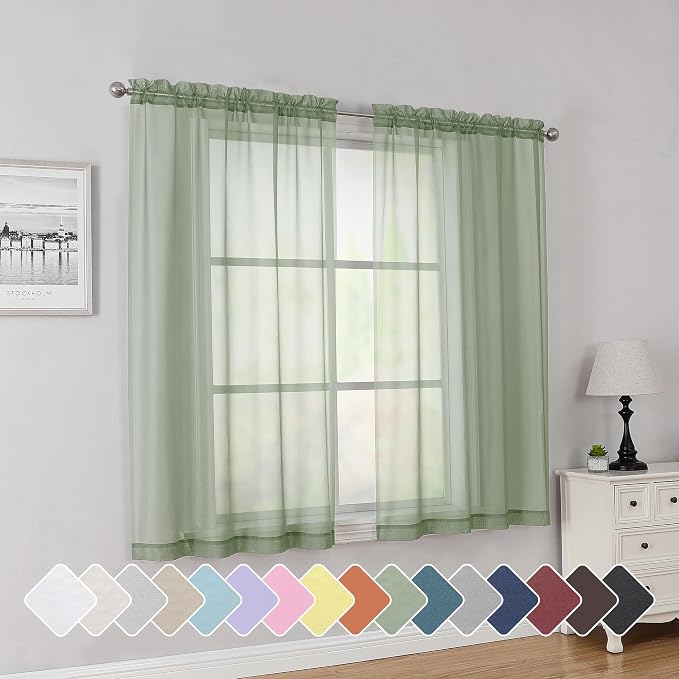 Simplebrand Sage Short Sheer Curtains 45 Inch Length for Small Windows, Rod Pocket 2 Panels Set Solid Voile Drapes Window Sheer Curtains for Bedroom Bathroom Kids Room Kitchen, 42x45 Inch, 2pcs, Sage