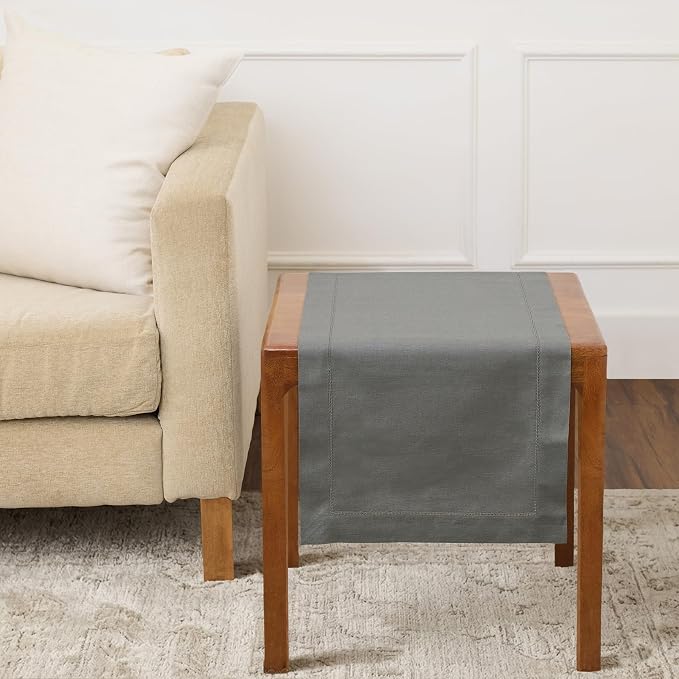 Solino Home 100% Pure Linen Table Runner Gray, Classic Hemstitch 14 x 36 in | Table Runners for dining, hallway and console tables | soft plain weave, artisan crafted | Steel Gray | OEKO-TEX Certified
