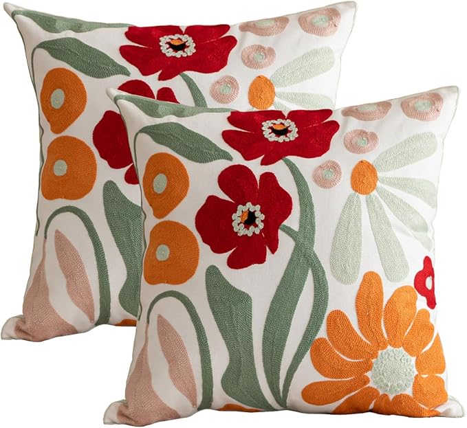 YIcabinet Pack of 2 Throw Pillow Covers,Embroidered Floral Pillow Case Soft Square Decorative Pillowcases for Home Sofa Couch 18x18 Inch