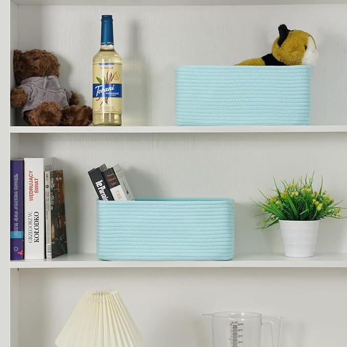 3 Pack Storage Baskets for Organizing, 13.7×9.5×6.3", Light Blue | Woven Baskets for Shelves, Cotton Rope Basket for Gifts Empty, Closet Organizer Bins with Handles, Cube Decorative Box