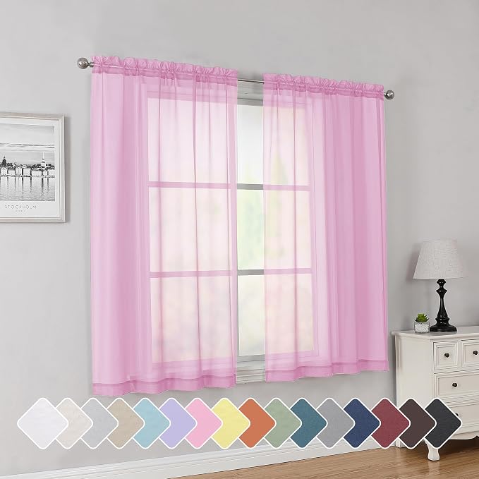 Simplebrand Pink Short Sheer Curtains 45 Inch Length for Small Windows, Rod Pocket 2 Panels Set Solid Voile Drapes Window Sheer Curtains for Bedroom Bathroom Kids Room Kitchen, 42x45 Inch, 2pcs