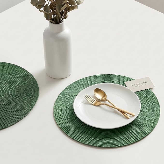 AHHFSMEI Round Placemats Set of 8 Heat Resistant Washable Non-Slip Woven Braided Table Mats for Dining Table Kitchen & Home Decor (Olive Green,8)