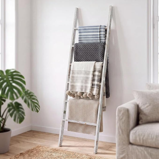 6-Tier Blanket Ladder Wooden, 5.7FT(66.5'') Blanket Quilt Towel Holder Rack Decorative Ladder, Easy Assembly, Rustic Farmhouse Ladder Shelf for the Living Room Bedroom Bathroom Home Decor, White Wash