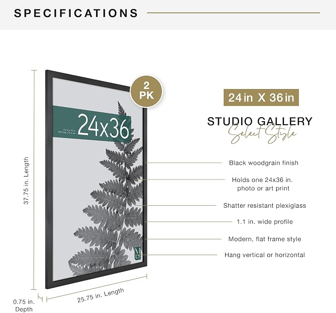 MCS Studio Gallery Movie Poster Frame, 24x36, Black Woodgrain, 2-Pack