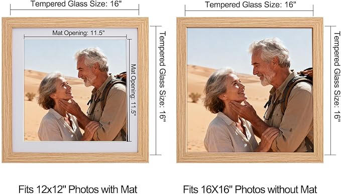 16x16 Picture Frame-Natural,12x12 Mat,Engineered Wood,Polished Plexiglass