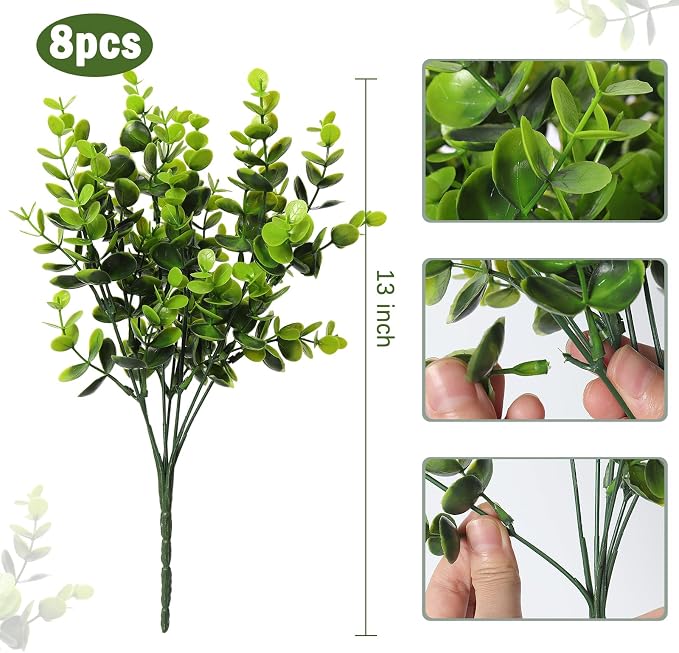 RECUTMS 8 Bundles Artificial Eucalyptus Greenery Plants Stems 13In Green | Plastic Boxwood Shrubs Branches,No Maintenance,Long-last,Outdoor Planter Vase Centerpiece Farmhouse Home Garden Wedding Decor