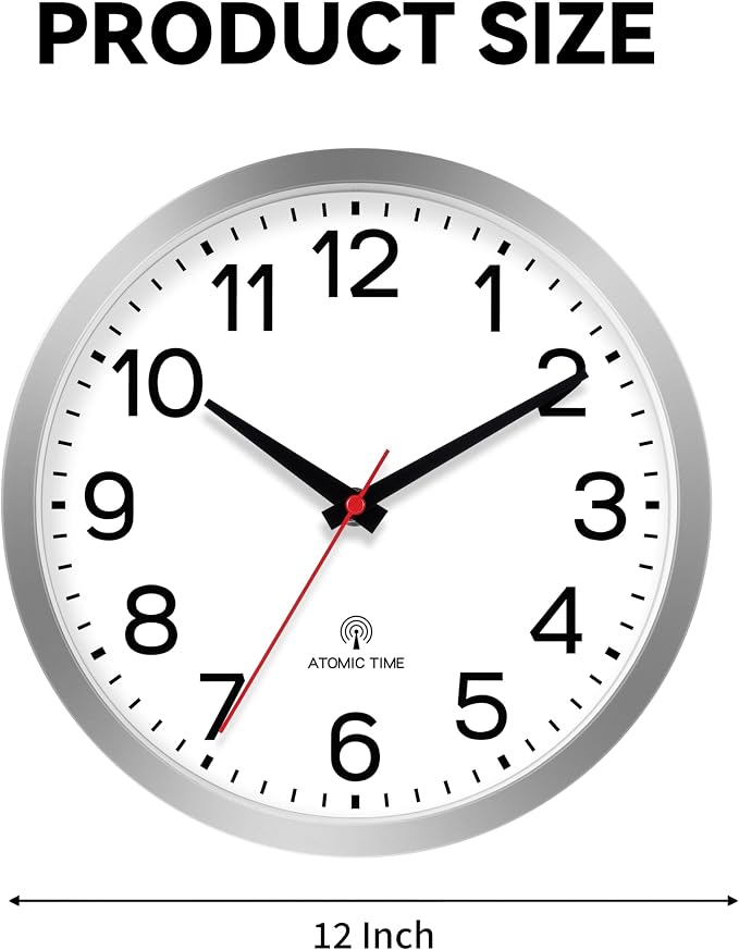 AKCISOT 12 Inch Wall Clock, Silent Battery Operated Analog Clock, Silver | Atomic | Office | Kitchen | Living Room | Classroom | Easy-to-read Numbers
