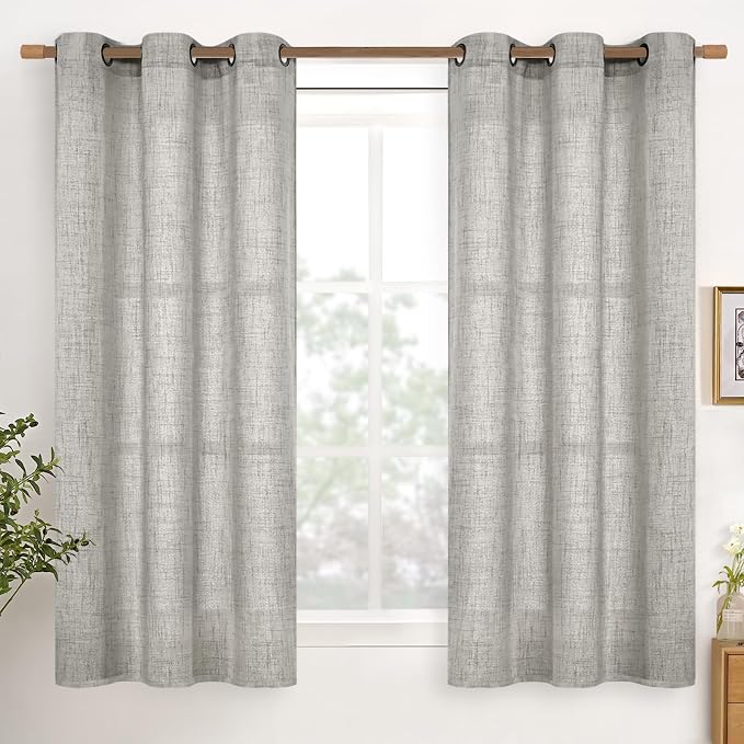 YoungsTex Linen Semi Sheer Curtains 54 Inches Length for Living Room | Dark Grey Drapes Light Filtering Privacy with Bronze Grommet for Bedroom Window, 2 Panels, 42 X 54 Inch