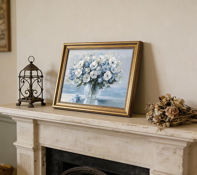 Rienkhu Gold Frame Vintage Flowers Canvas Wall Art Blue Beach Pictures Blossom Bathroom Wall Decor Modern Blue Ocean Background Artwork Prints Hanging in Office Dining Room Kitchen Bedroom 9x11in