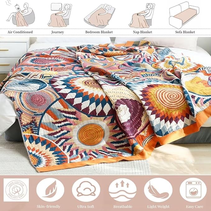 Boho Throw Blanket for Bed 100% Cotton Bohemian Blankets Ultra Soft Woven Muslin Decorative Blankets All Seasons Vintage Quilt Knitted Blanket for Sofa Chair (Colorful, 80"x90")