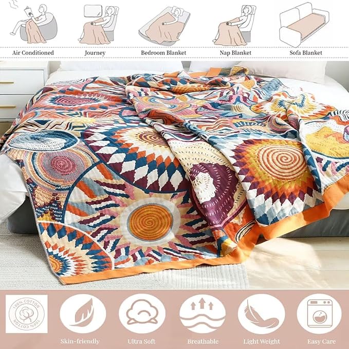 Boho Throw Blanket for Bed 100% Cotton Bohemian Blankets Ultra Soft Woven Muslin Decorative Blankets All Seasons Vintage Quilt Knitted Blanket for Sofa Chair (Colorful, 90"x98")