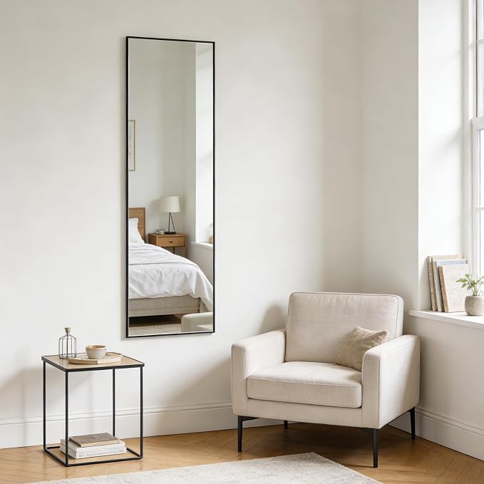 48x14 Inch Full Length Mirror Over the Door Hang or Wall Mounted Black | HD Tempered Glass, Aluminum Frame Rect Full Body Dressing Make-up Mirrors for Bedroom, Bathroom, Entryway, Living Room