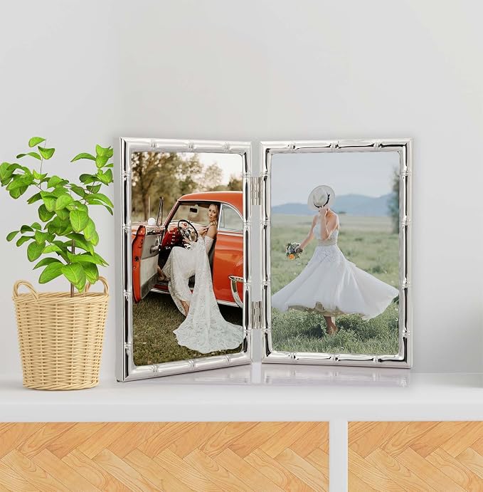 YiPinYin Silver 5x7'' Bamboo Detail Double Metal Picture Frame,Elegant Elegant Narrow Profile Silver Plated Photo Frames With Soft Velvet Backing for Desktop and Shelf Decor